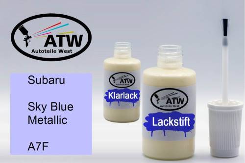 Subaru, Sky Blue Metallic, A7F: 20ml Lackstift + 20ml Klarlack - Set, von ATW Autoteile West.